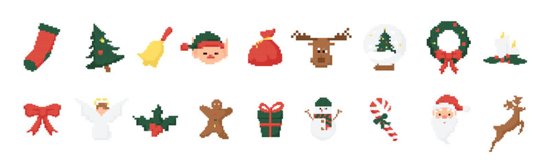 Naklejka premium Mosaic pixel icons of festive holiday items and characters, capturing a classic retro sprite design.