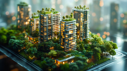 Architecture, planning and environment with model of building for construction, sustainability and futuristic. Ai generated, idea and eco friendly with design for carbon footprint, ecology and plant