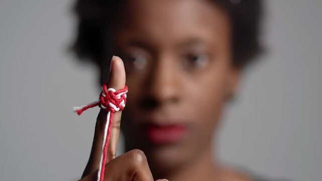 Close Up Of A Woman With Red And White String Tied Around Her Finger On A Grey Background
