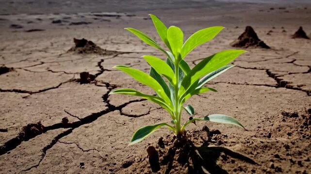 Plant growing in dry cracked earth