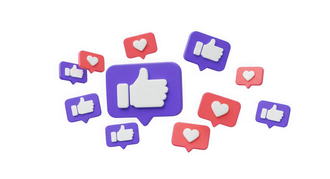 Floating like and heart icons on speech bubbles against a transparent background