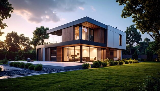 Modern house at sunset