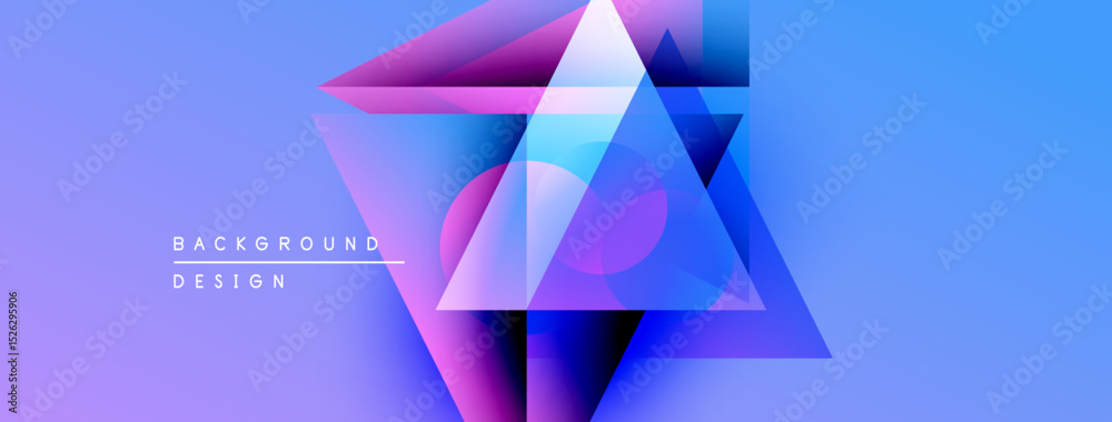 Poster abstract geometric shapes overlap, creating vibrant blue, purple gradients. modern design elements s