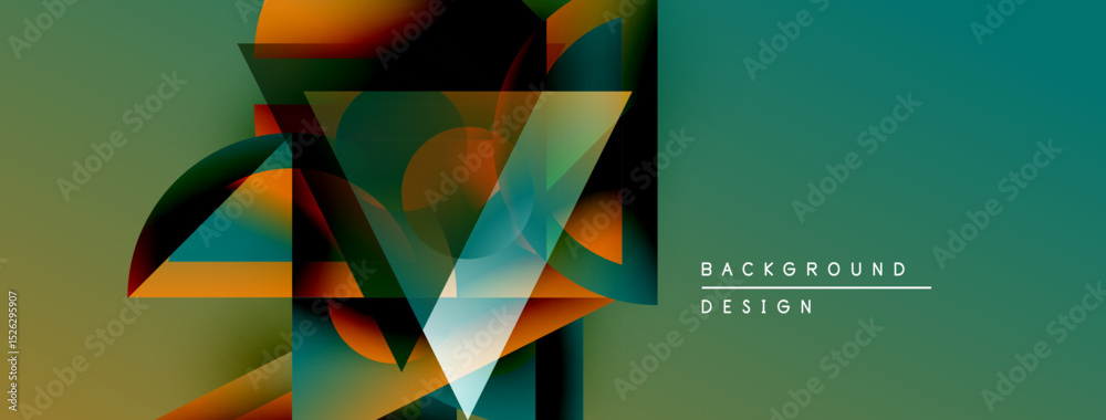 Poster Abstract geometric shapes overlap, creating dynamic visual effect. Teal, orange, brown hues dominate composition. Modern design element.