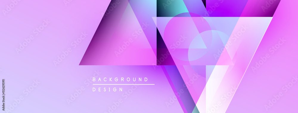 Poster Abstract geometric design. Purple, pink hues dominate. Shapes overlap creating dynamic visual effect. Minimal text present.