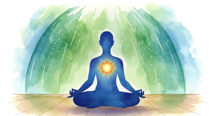 Meditating figure in lotus position with heart chakra glowing against a watercolor background