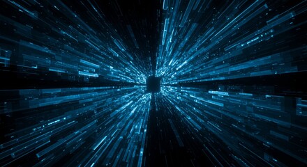 Obraz premium Hyper-speed effect showing cyan lines emerging from a center point on dark background