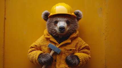A bear in a construction worker s uniform holding a hammer and wearing a yellow hard hat