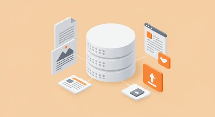 Isometric view of a data server with floating document and media icons