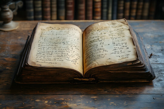 An open, old, vintage mathematics book displaying handwritten mathematical equations, filled with numbers and scientific notations on aged paper. Selective focus applied.