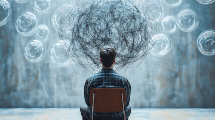 Being different from other. Young people sitting on chair with clear circles and man with tangled thoughts above. Contemporary art. Psychology, inner world, mental health. Conceptual design