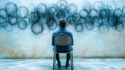 Being different from other. Young people sitting on chair with clear circles and man with tangled thoughts above. Contemporary art. Psychology, inner world, mental health. Conceptual design