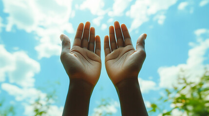 Black person, prayer hands and clouds or heaven for Christianity support or Jesus faith, praise or forgiveness. Religion, grace and holy spirit for God worship with lord belief, blue sky or guidance