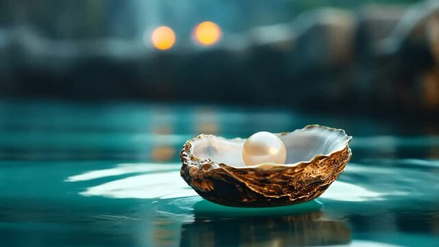 Pearl inside oyster shell on reflective surface representing ocean treasure