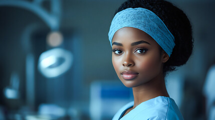 Black woman, nurse and face in hospital with trust, confidence and serious in medical clinic for professional about us. African portrait, ai generated and healthcare worker working late at night