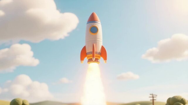 Cartoon-style animation of a stylized rocket launching into the sky with bright flames and thick smoke, set against a peaceful landscape with grassy hills, trees, and a blue sky with clouds