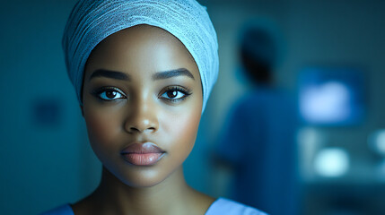 Black woman, nurse and face in hospital with trust, confidence and serious in medical clinic for professional about us. African portrait, ai generated and healthcare worker working late at night