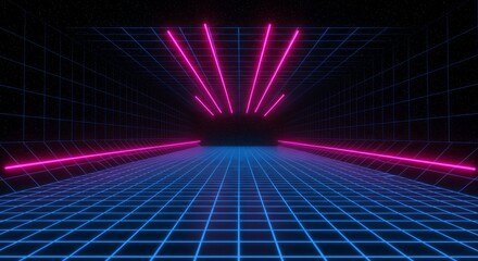 Neon grid tunnel, futuristic, digital