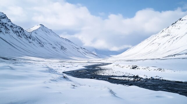 Snowy valley with flowing river nestled between mountainous terrain landscape