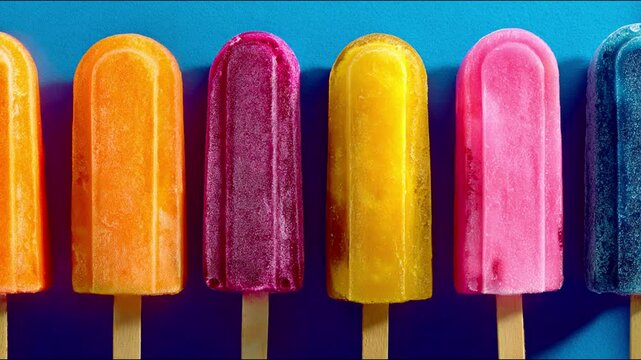 A row of colorful popsicles on a blue background.