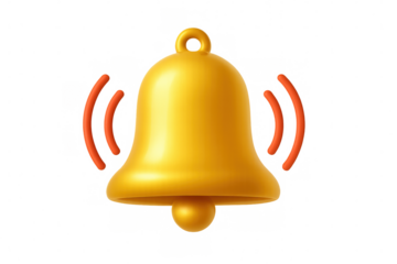 Golden bell ringing, generating sound waves, 3d rendering for notification design against transparent backdrop