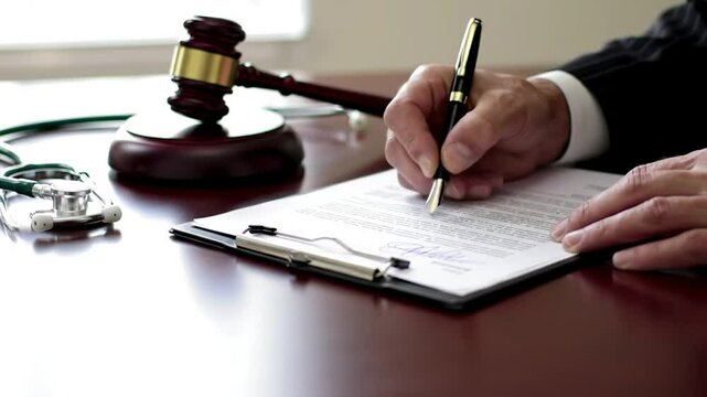 Man Signs Legal Document with Gavel and Stethoscope on Mahogany Desk Law and Healthcare Agreement