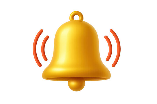 Golden bell ringing, generating sound waves, 3d rendering for notification design against transparent backdrop