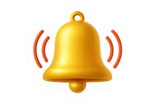 Golden bell ringing, generating sound waves, 3d rendering for notification design against transparent backdrop