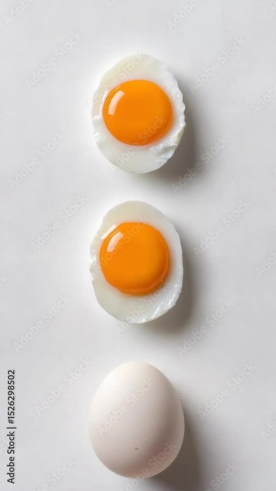 Poster identical compositions of one whole egg and two halves of a soft boiled egg, showcasing vibrant oran