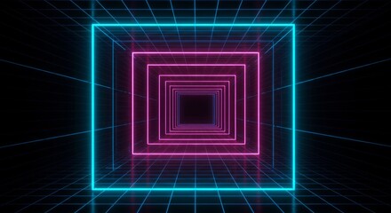 Neon tunnel with glowing squares