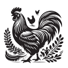 Rooster with Dripping Design - Black and White Vector Illustration