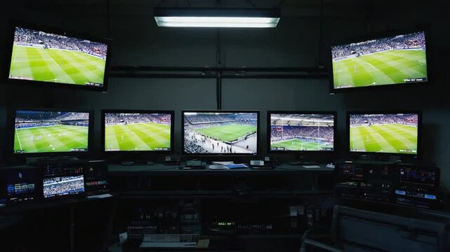 Referees in a VAR review room.