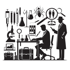 Scientists and Forensics in a Laboratory - Black and White Silhouette