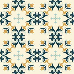 Seamless vintage damask floral tile design in blue and earthy tones, perfect for textile prints and home decor.