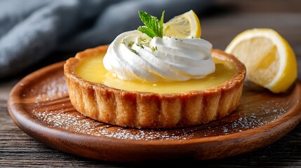 Lemon Tart with Whipped Cream and Mint Garnish on Wooden Plate