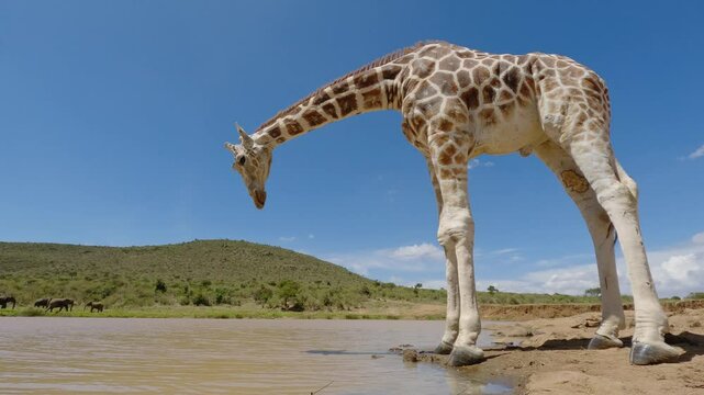 Low wide angle of Reticulated giraffe (Giraffa c. reticulata) drinking from a muddy watering hole under hot midday sun in kenya 