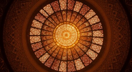 Ornate Stained Glass Dome with Intricate Patterns and Golden Light