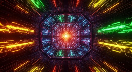 Octagonal tunnel with vibrant streaks of color leading to a central bright light source