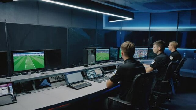 Referees in a VAR review room.
