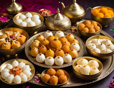 Locally made sweets like rosogolla and sandesh are arranged, showcasing rich Bengali confectionery traditions.
