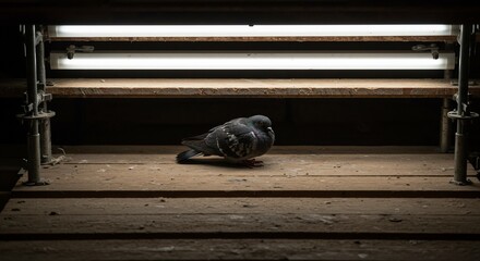 Pigeon Perched on Weathered Wooden Shelf Under Fluorescent Lights in Dimly Lit Space