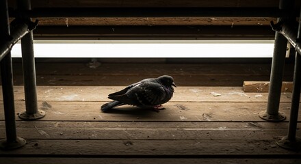 Pigeon Perched on Weathered Wood Under Fluorescent Light, Framed by Metal Supports