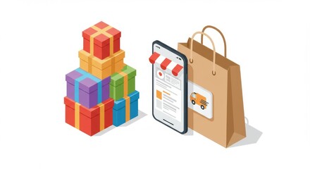 Online shopping illustration featuring gift boxes and a shopping bag.  A mobile phone displays an online store