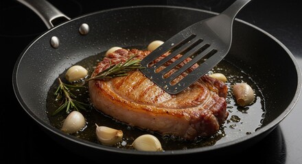Pork chop sizzles in a pan with garlic and rosemary, ready to be served