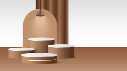 3D Brown Wood Podium with Arch Backdrop and Hanging Lamp, Minimalist Cylindrical Pedestal Stage, Abstract Product Display Mockup, Geometric Showcase Background, Light Vector Design
