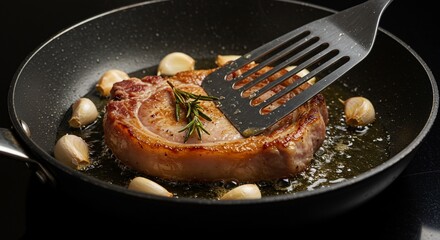Pork chop sizzles in pan with garlic and rosemary, flipped by spatula