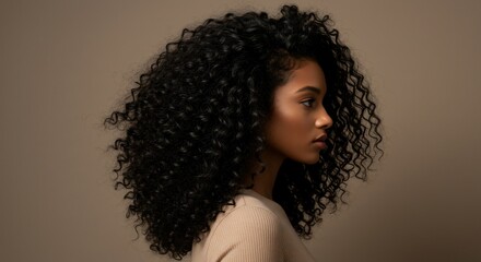 Profile of a woman with voluminous dark curly hair against a neutral backdrop