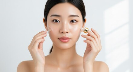 Radiant Asian Woman Applying Facial Serum with Dropper for Skincare Routine