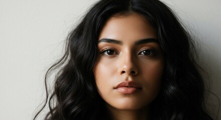 Portrait of a young woman with dark hair and soft, neutral makeup