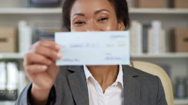 Smiling African American Woman Presents a Bank Check in an Office Setting with Bookshelf File Folders and Business Professionalism